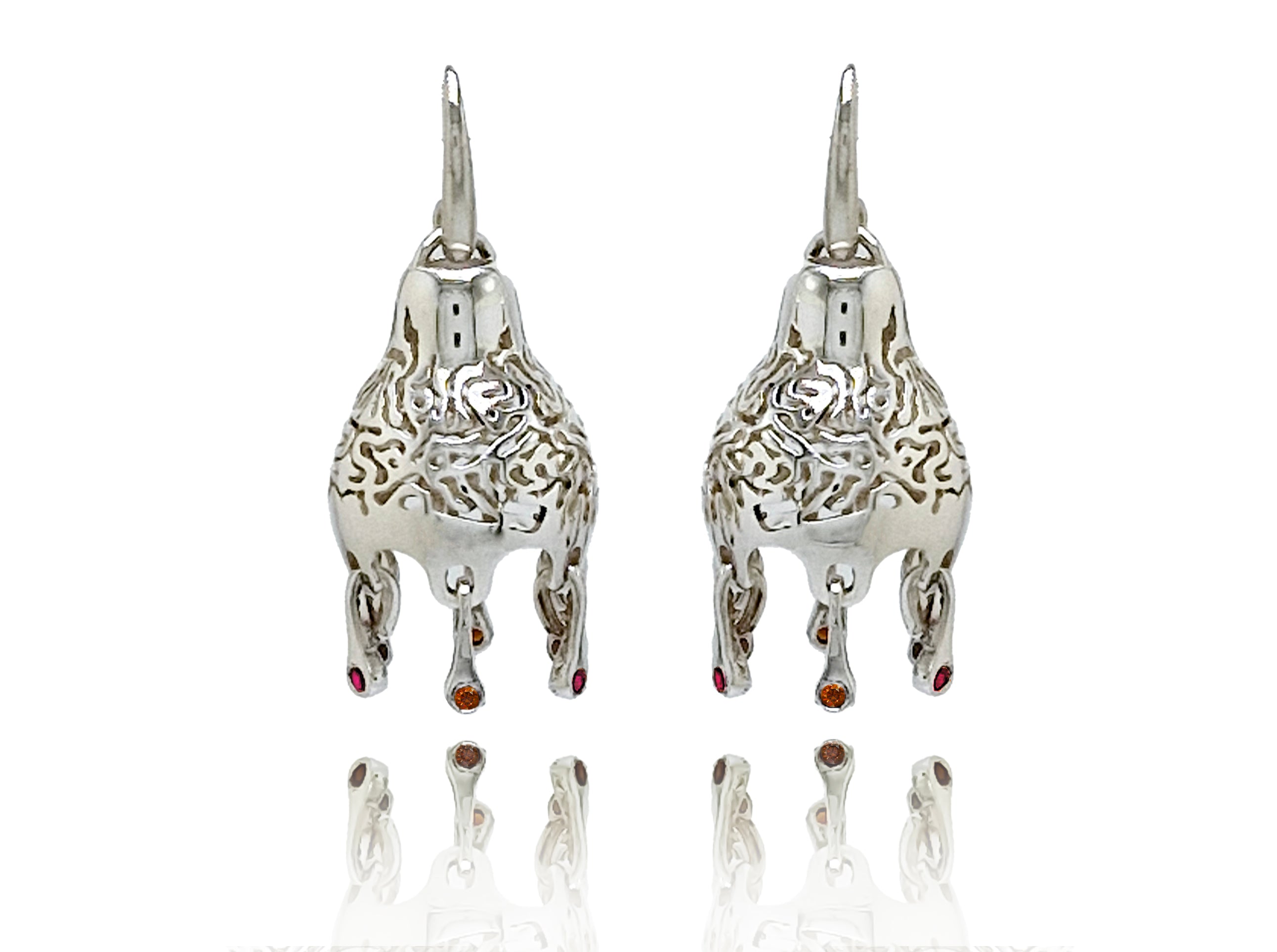 Organic bell, sterling silver earrings with rubies