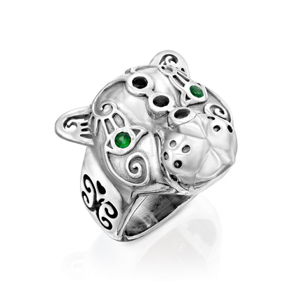 Statement jaguar ring with colorful emerald gemstones