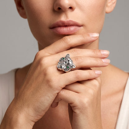 Statement jaguar ring with colorful emerald gemstones