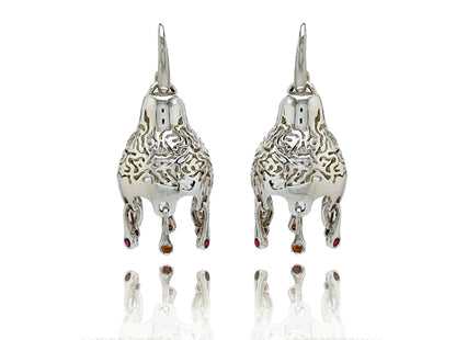 Organic bell, sterling silver earrings with rubies