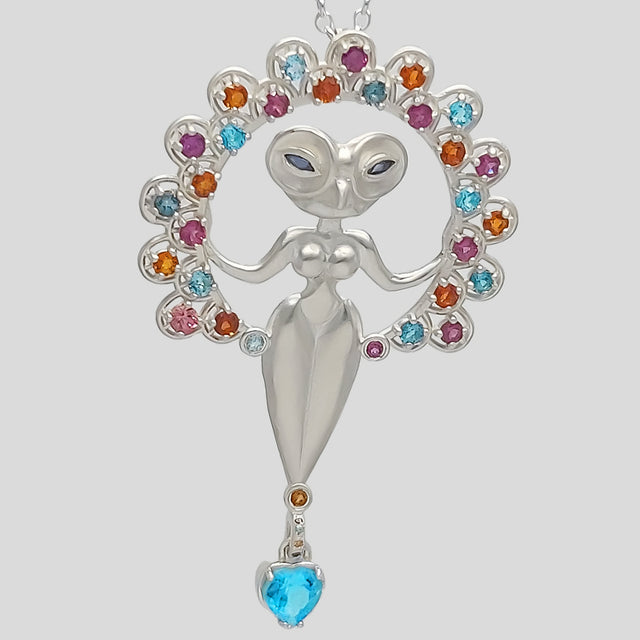 Owl goddess, Citrines,  Blue topaz, Amethyst gemstones