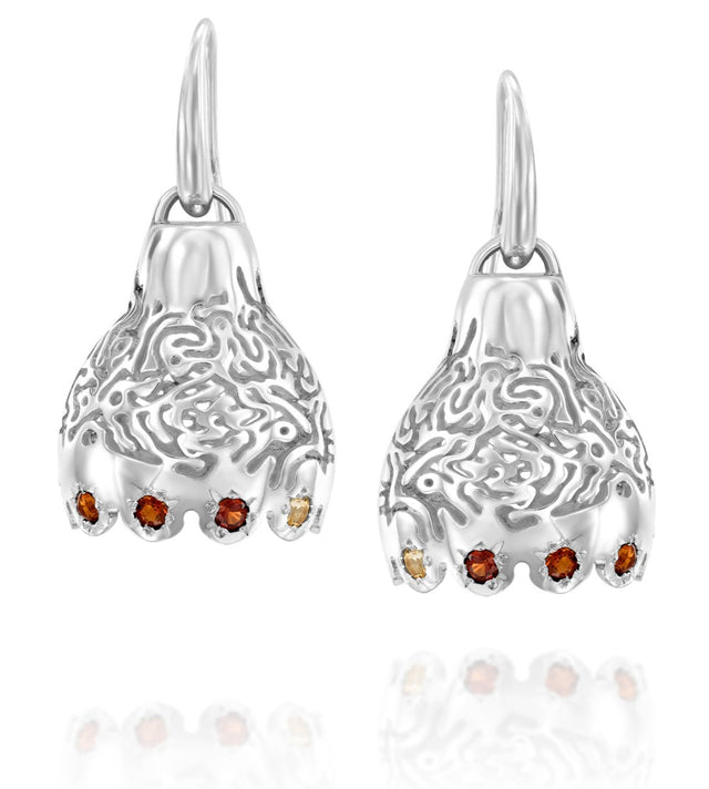 Organic bell, sterling silver earrings with rubies