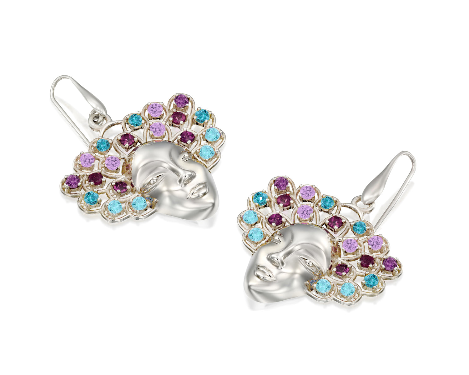 KAMAY jewelry Women earrings with sapphire, blue topaz, rhodolite & london blue topaz 