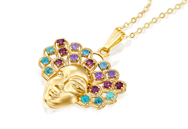 KAMAY jewelry Women gold pendant with sapphire, blue topaz, rhodolite & london blue topaz 