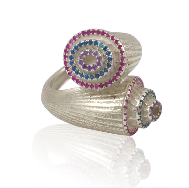 Chameleon ring with colorful rubies gemstones
